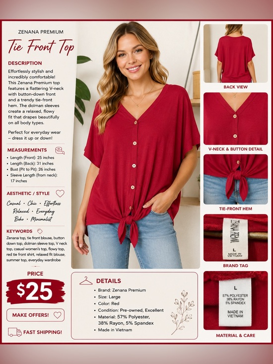 Zenana Premium Tops - Zenana Outfitters Crimson V-Neck Button-Front Tie Hem Top